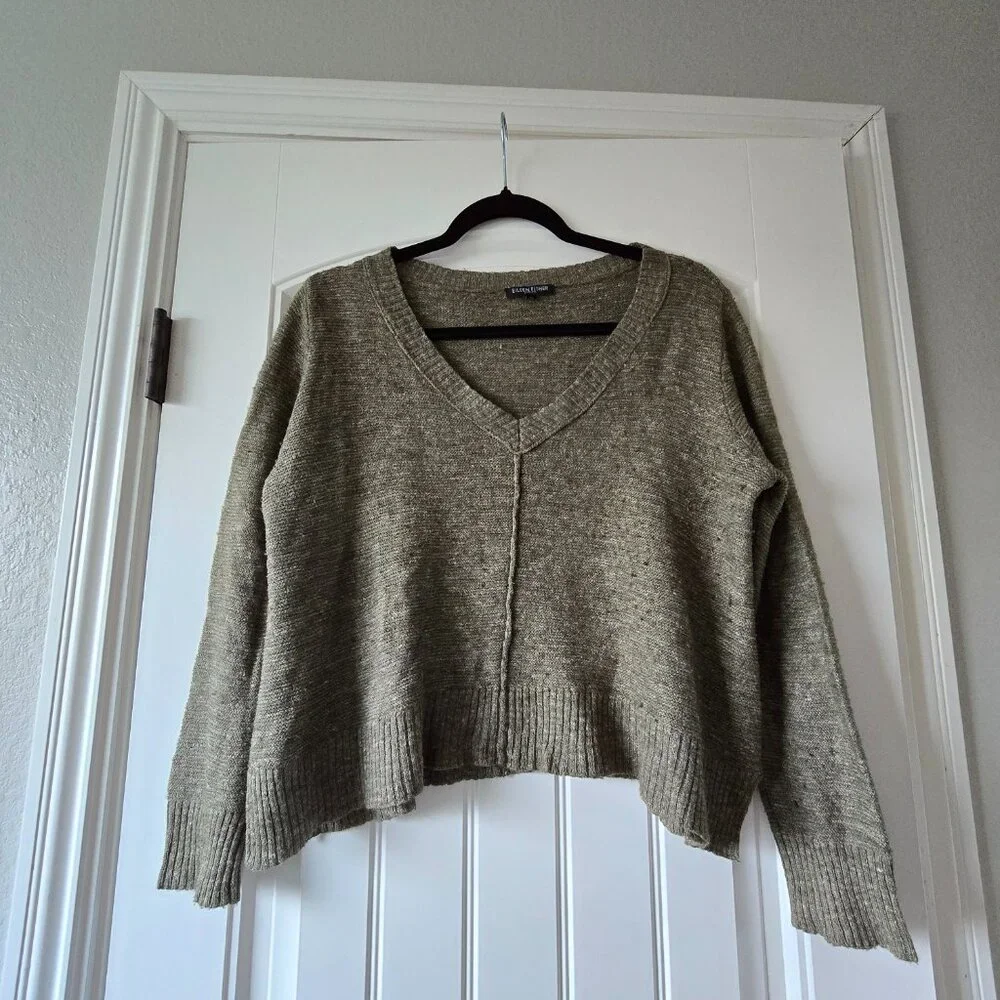 Eileen Fisher Petite Olive V-Neck Sweater Wool Linen Silk Relaxed Fit PL - Picture 3 of 14